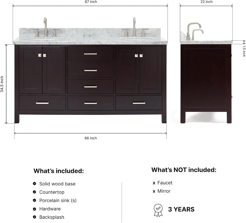 ARIEL Cambridge 66-inch Bathroom Vanity with Sink,Solid Wood, 1.5-inch Italian Carrara Marble Countertop & Backsplash, Double Oval Porcelain Sink, 4 Soft Closing Doors, 6 Dovetail Drawers, Espresso