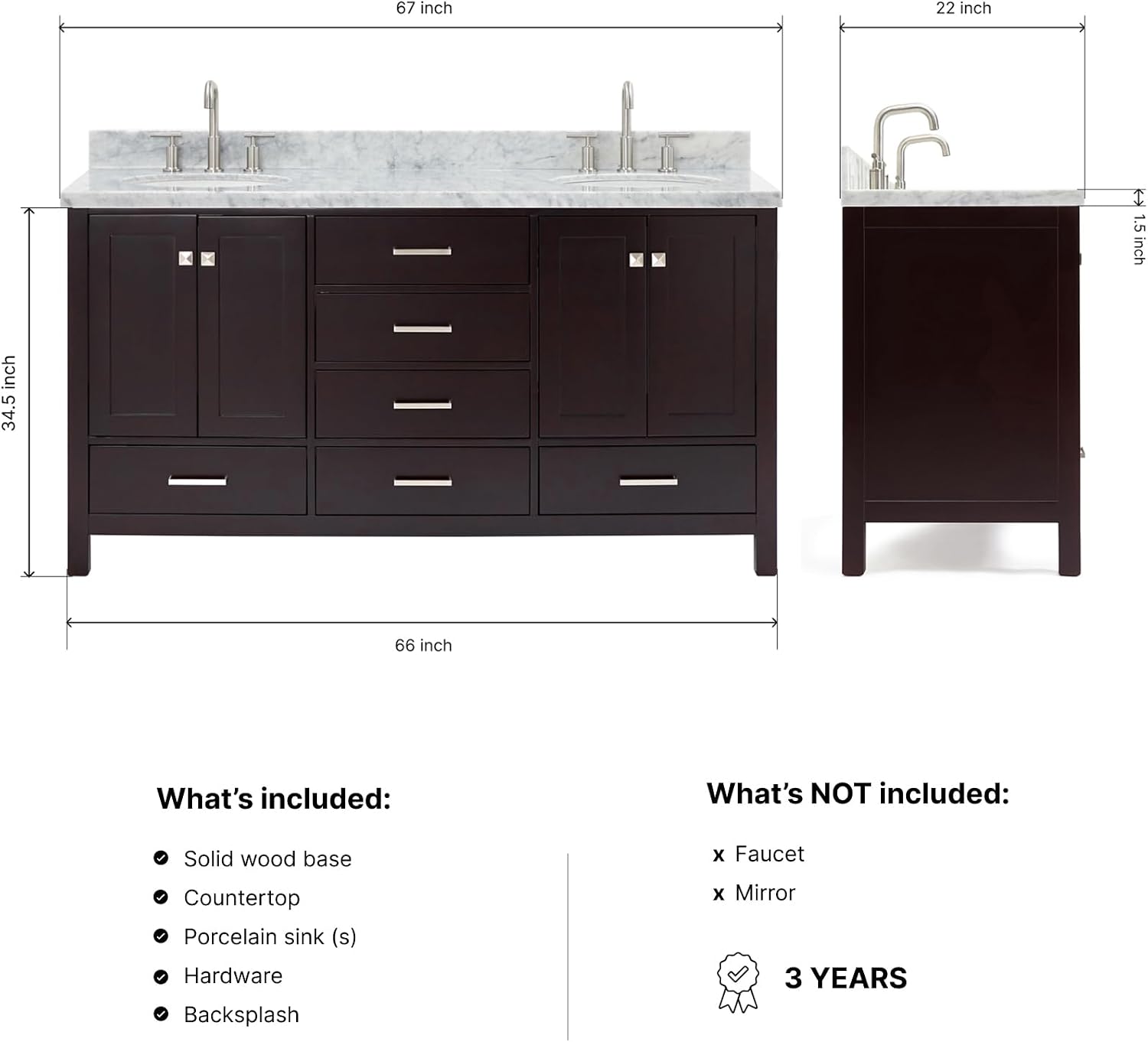 ARIEL Cambridge 66-inch Bathroom Vanity with Sink,Solid Wood, 1.5-inch Italian Carrara Marble Countertop & Backsplash, Double Oval Porcelain Sink, 4 Soft Closing Doors, 6 Dovetail Drawers, Espresso