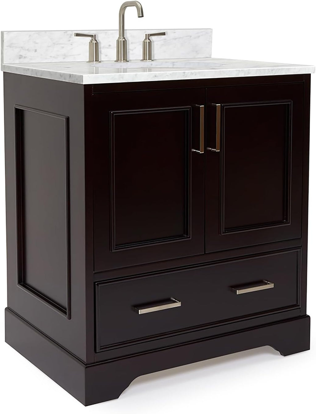ARIEL Stafford 30-inch Bathroom Vanity with Sink,Solid Wood, 0.75-inch Italian Carrara Marble Countertop & Backsplash, Single Oval Porcelain Sink, 2 Soft Closing Doors, 1 Dovetail Drawers, Espresso