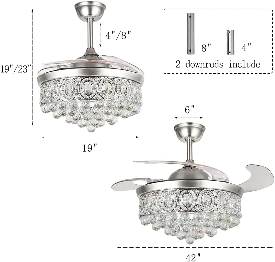 BIGBANBAN 42' Crystal Ceiling Fan Indoor with Light Remote Control Modern Silver Retractable Ceiling Fan Chandelier 3 Colors 3 Speeds Silent Fandelier Chandelier for Dinning Room Bedroom