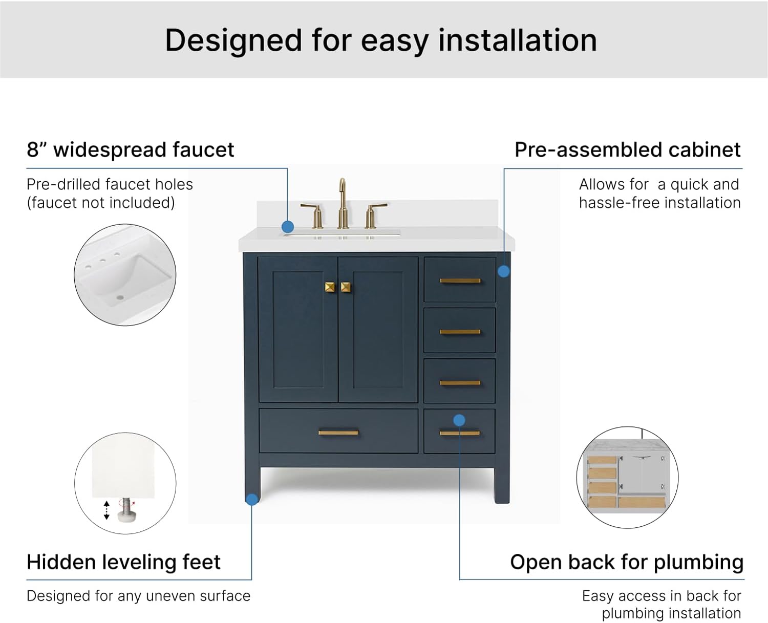 ARIEL Cambridge 36-inch Bathroom Vanity with Sink,Solid Wood, 1.5-inch Pure White Quartz Countertop, Single Rectangular Porcelain Sink, 2 Soft Closing Doors, 5 Dovetail Drawers, Midnight Blue