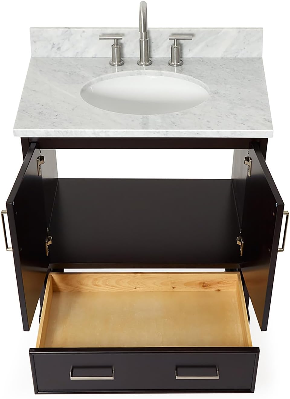 ARIEL Stafford 30-inch Bathroom Vanity with Sink,Solid Wood, 0.75-inch Italian Carrara Marble Countertop & Backsplash, Single Oval Porcelain Sink, 2 Soft Closing Doors, 1 Dovetail Drawers, Espresso