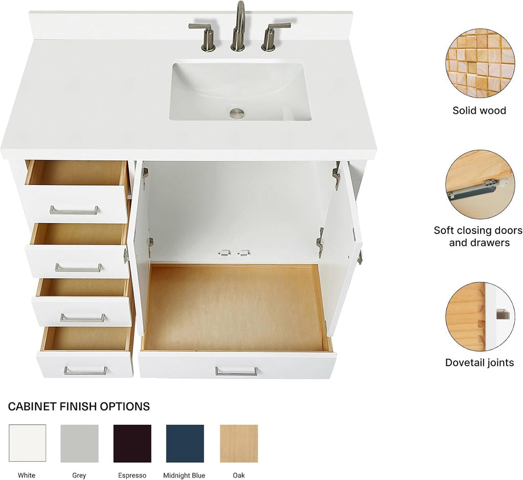 ARIEL Cambridge 42-inch Bathroom Vanity with Sink,Solid Wood, 1.5-inch Pure White Quartz Countertop & Backsplash, Single Rectangular Porcelain Sink, 2 Soft Closing Doors, 5 Dovetail Drawers, White