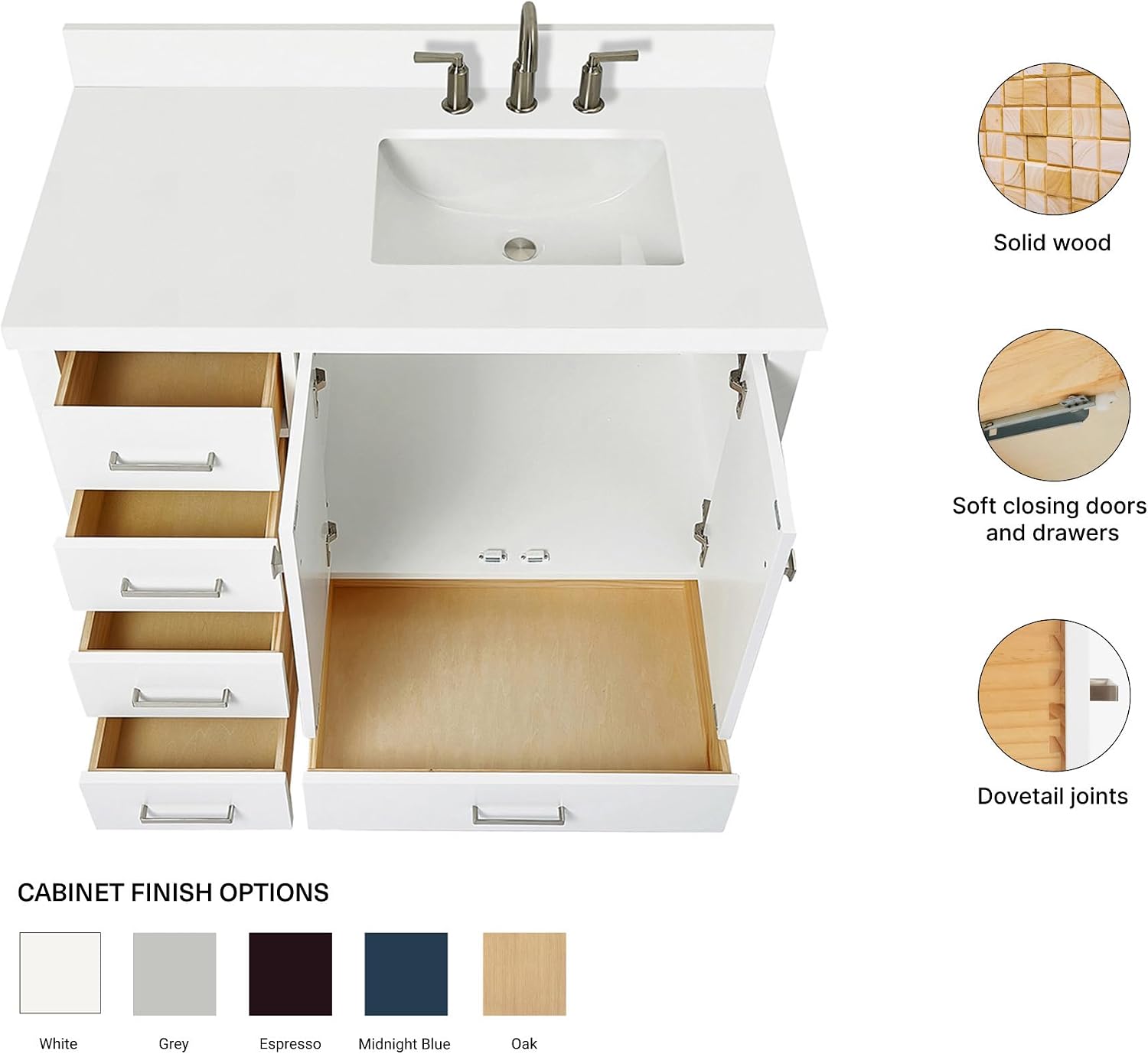 ARIEL Cambridge 42-inch Bathroom Vanity with Sink,Solid Wood, 1.5-inch Pure White Quartz Countertop & Backsplash, Single Rectangular Porcelain Sink, 2 Soft Closing Doors, 5 Dovetail Drawers, White