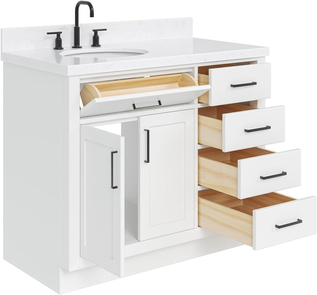 DKB Isabella 42-Inch White Bathroom Vanity with Sink, 1.5' Carrara Quartz Countertop, Solid Wood Frame, Left Oval Sink, 2 Soft Closing Doors, 5 Full Extension Drawers, Toe Kick