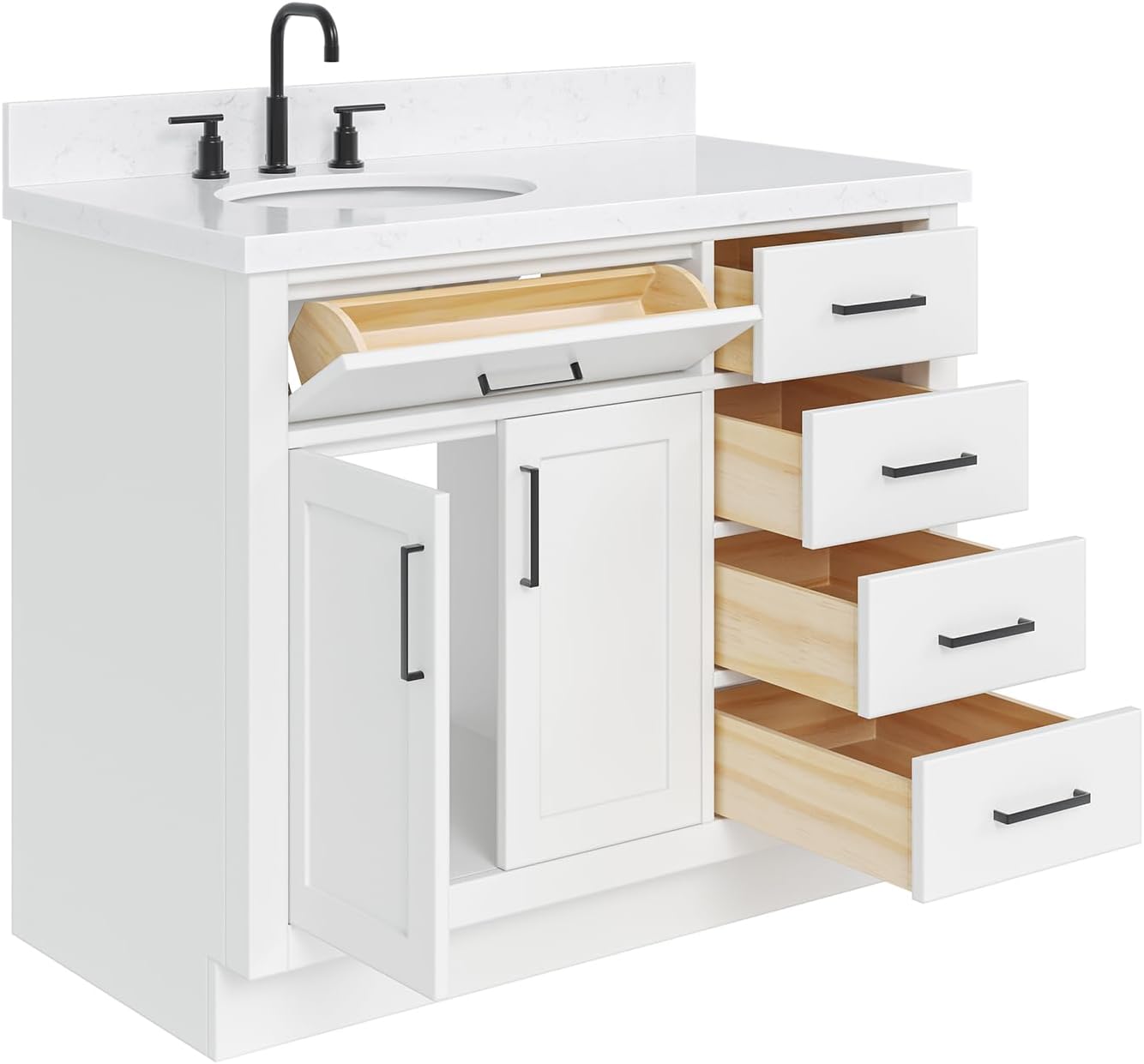 DKB Isabella 42-Inch White Bathroom Vanity with Sink, 1.5' Carrara Quartz Countertop, Solid Wood Frame, Left Oval Sink, 2 Soft Closing Doors, 5 Full Extension Drawers, Toe Kick
