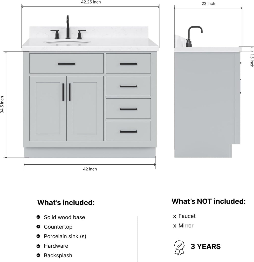 DKB Isabella 42-Inch Gray Bathroom Vanity with Sink, 1.5-Inch Carrara Quartz Countertop, Left Oval Undermount Sink, Solid Wood, 2 Soft-Closing Doors, 5 Full Extension Dovetail Drawers, Toe Kick