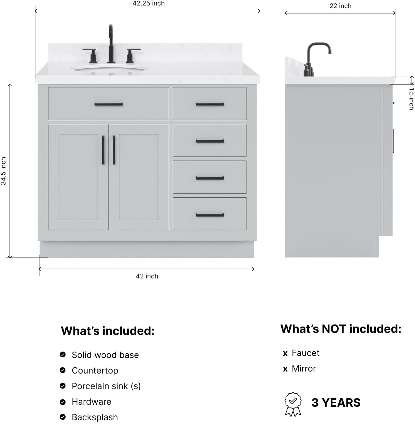 DKB Isabella 42-Inch Gray Bathroom Vanity with Sink, 1.5-Inch Carrara Quartz Countertop, Left Oval Undermount Sink, Solid Wood, 2 Soft-Closing Doors, 5 Full Extension Dovetail Drawers, Toe Kick