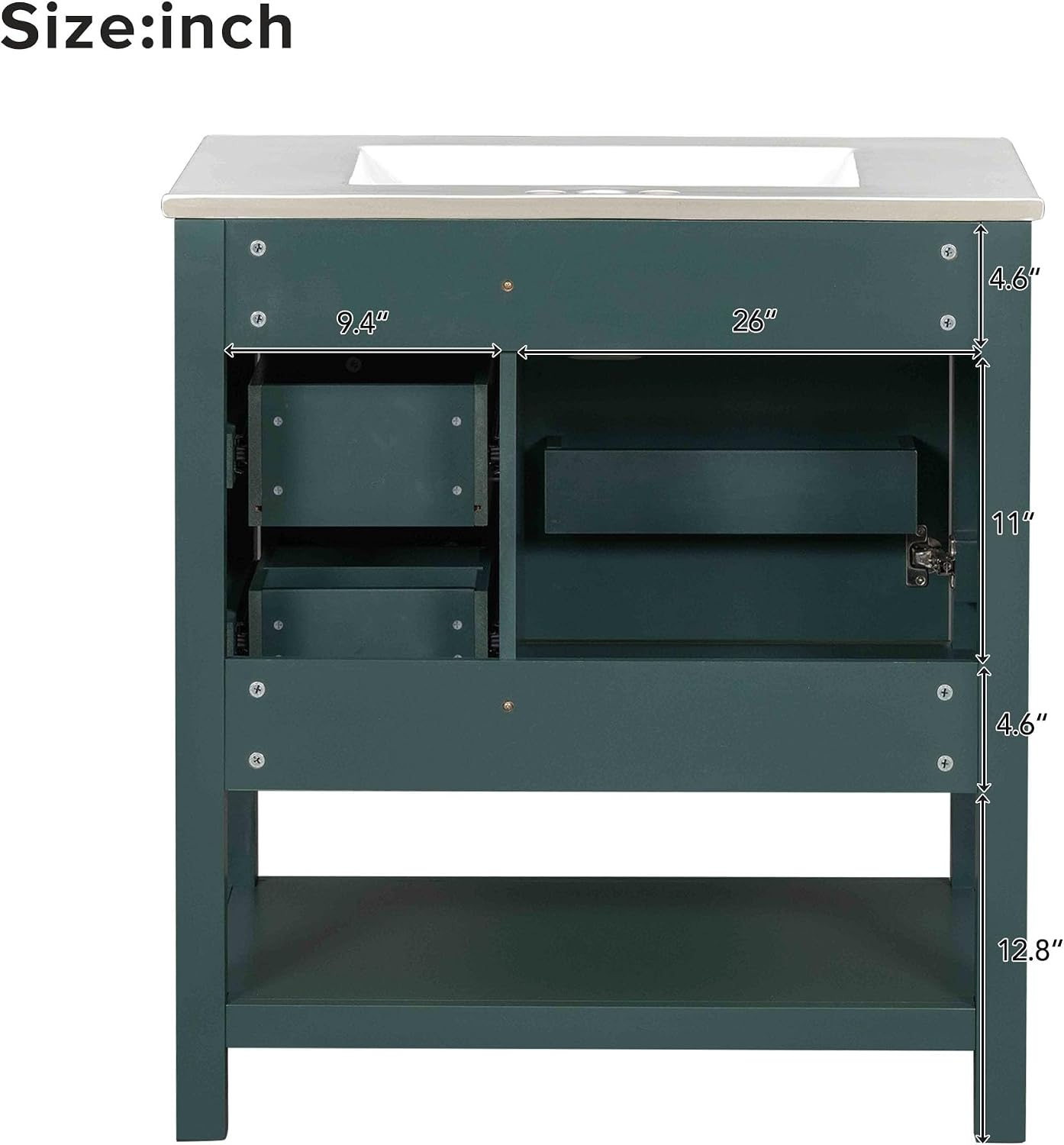 LUMISOL 30' Bathroom Vanity with Sink, Modern Bathroom Storage Vanity with 2 Drawers, Open Shelf & Storage Door, Solid Wood Bathroom Cabinet with Ceramic Sink, Green