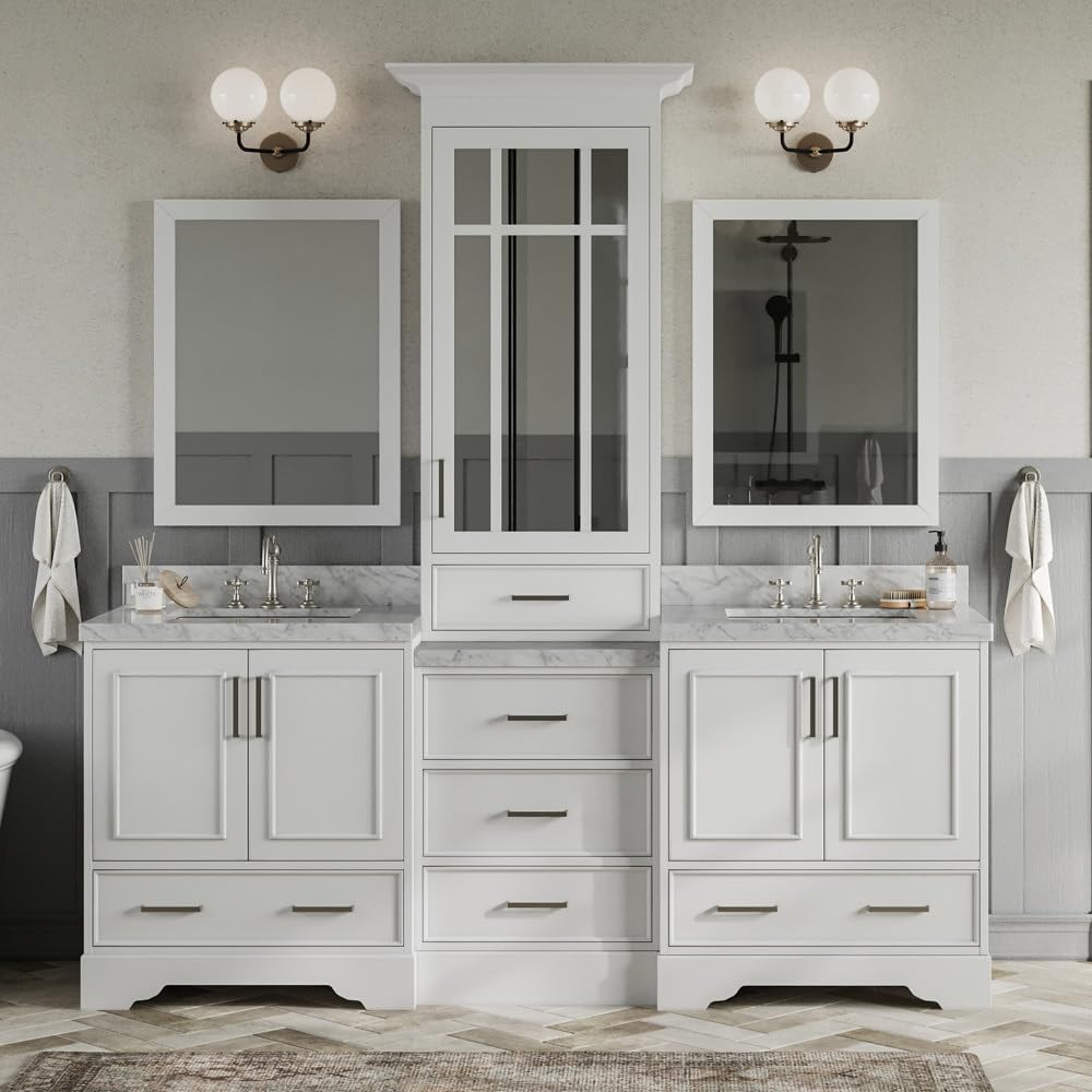 ARIEL Stafford 84-inch Bathroom Vanity with Sink,Solid Wood, 1.5-inch Italian Carrara Marble Countertop, Double Rectangular Porcelain Sink, 5 Soft Closing Doors, 6 Dovetail Drawers, White