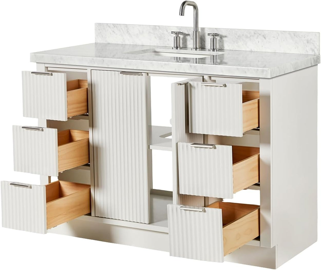 ARIEL Milan 48-inch Bathroom Vanity with Sink,Solid Wood, 1.5-inch Italian Carrara Marble Countertop, Single Rectangular Porcelain Sink, 2 Soft Closing Doors, 6 Dovetail Drawers, Warm White
