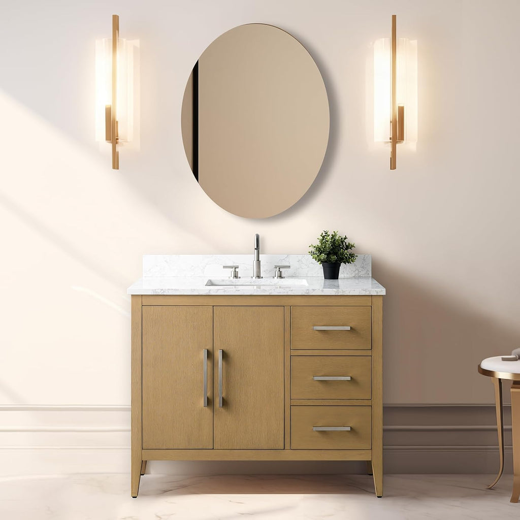 Vanity Art 42 inch Bathroom Vanity with Single Sink & Ceramic Top, Vanity Cabinet with Soft-Closing Doors, Drawers, Solid Wood Frame, Natural Oak, Brushed Nickle Handware