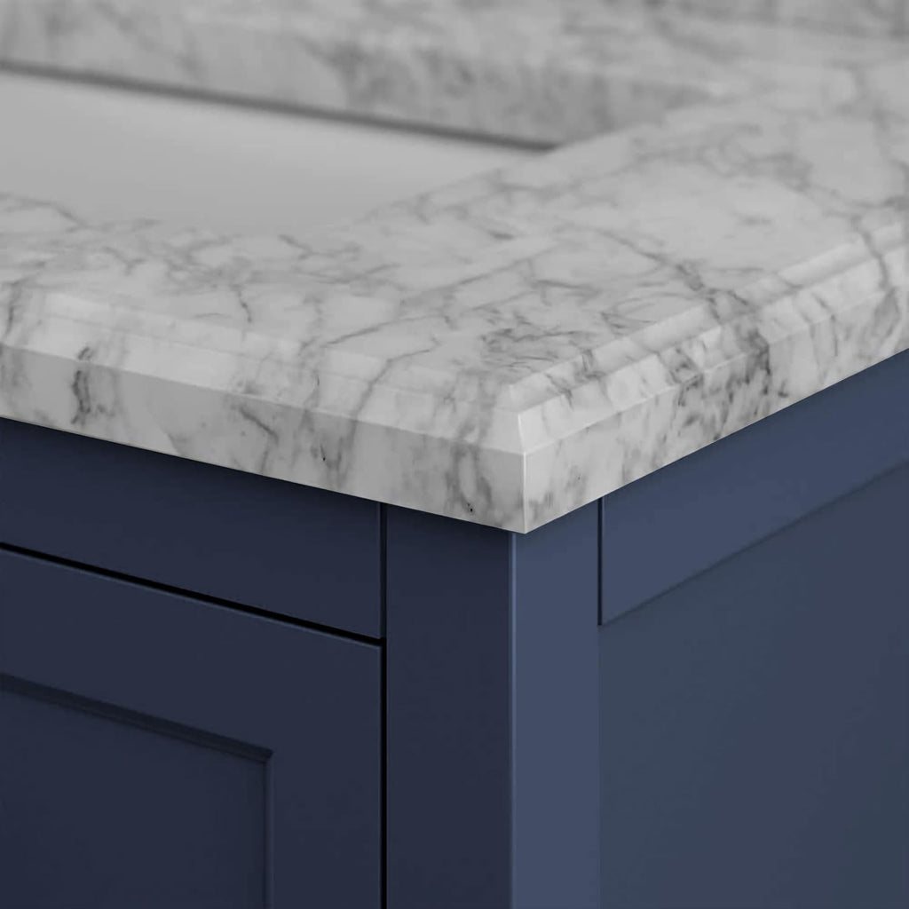 Furniture of America Genevieve 31 inch Modern Bathroom Vanity with Sink, Wood Cabinet with Carrera Marble Top, Soft-Closing Drawers and Open Shelf, Blue