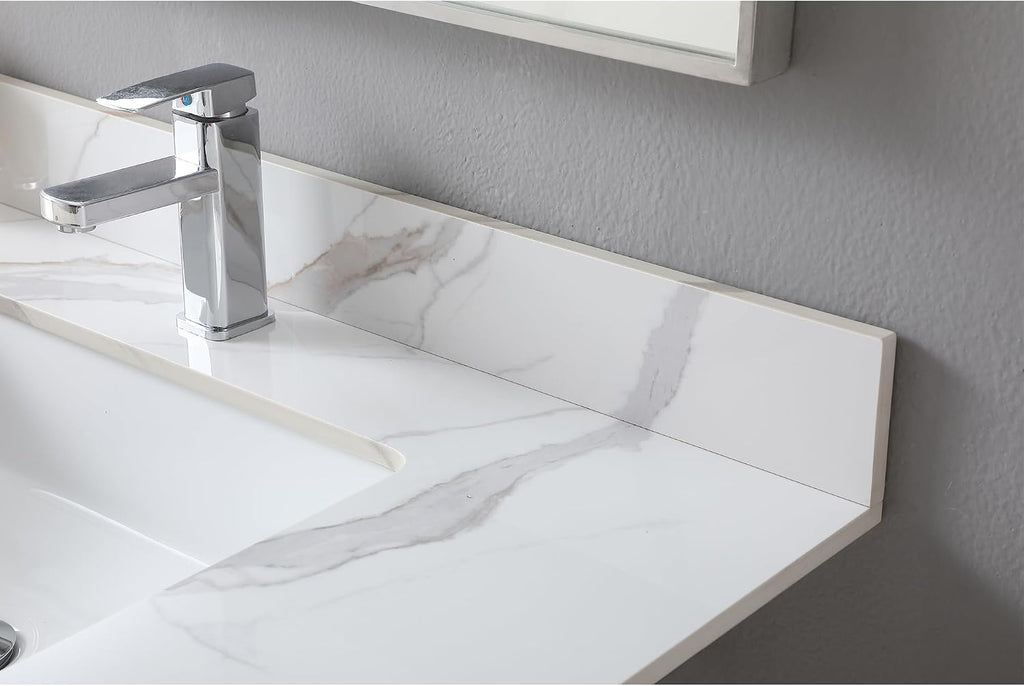 37 x 22 Inch Bathroom Vanity Top, Sintered Stone Top with Ceramic Sink, Single Hole Vanity Top With Undermount Rectangular Sink and 1 Backsplash (Carrara Gold, 1 Hole)