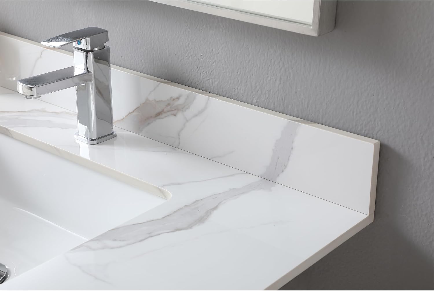 37 x 22 Inch Bathroom Vanity Top, Sintered Stone Top with Ceramic Sink, Single Hole Vanity Top With Undermount Rectangular Sink and 1 Backsplash (Carrara Gold, 1 Hole)