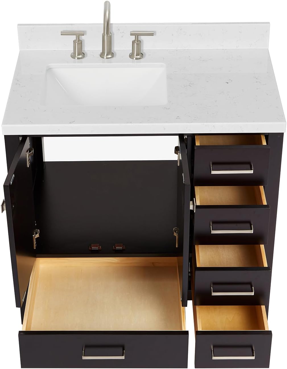 ARIEL Cambridge 36-inch Bathroom Vanity with Sink,Solid Wood, 1.5-inch Carrara White Quartz Countertop, Single Rectangular Porcelain Sink, 2 Soft Closing Doors, 5 Dovetail Drawers, Espresso