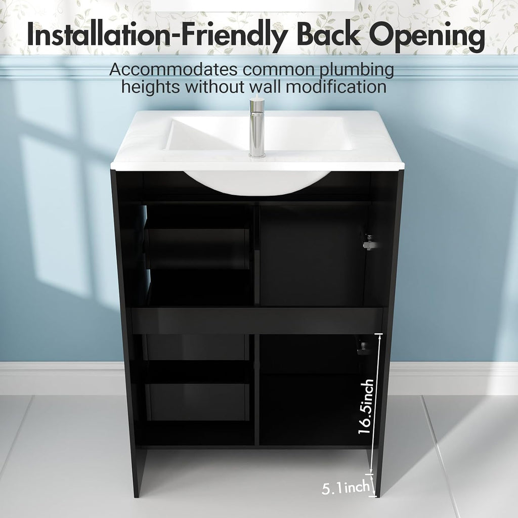 Kikihouse 24 Inch Bathroom Vanity with Sink, Freestanding Modern Bathroom Vanity Cabinet with Ceramic Basin, Single Sink Small Bathroom Vanity for Apartment (Black, 24 inch)