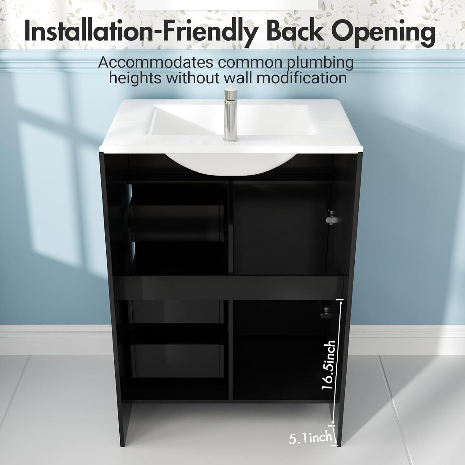 Kikihouse 24 Inch Bathroom Vanity with Sink, Freestanding Modern Bathroom Vanity Cabinet with Ceramic Basin, Single Sink Small Bathroom Vanity for Apartment (Black, 24 inch)