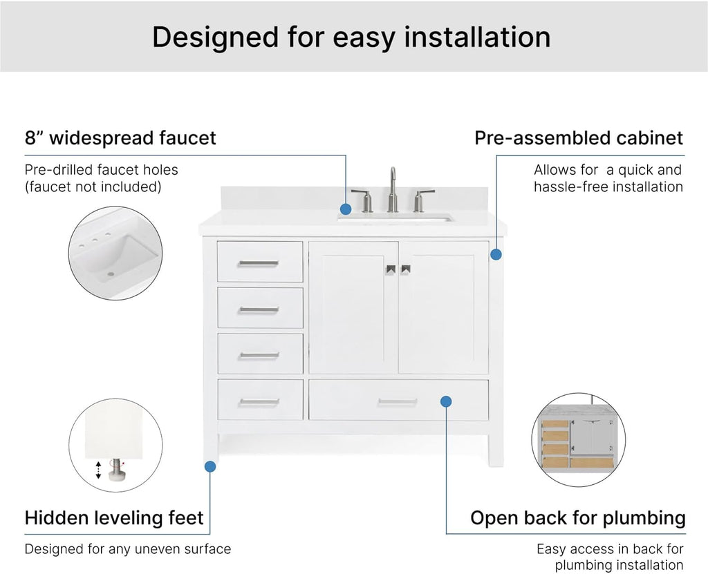 ARIEL Cambridge 42-inch Bathroom Vanity with Sink,Solid Wood, 1.5-inch Pure White Quartz Countertop & Backsplash, Single Rectangular Porcelain Sink, 2 Soft Closing Doors, 5 Dovetail Drawers, White