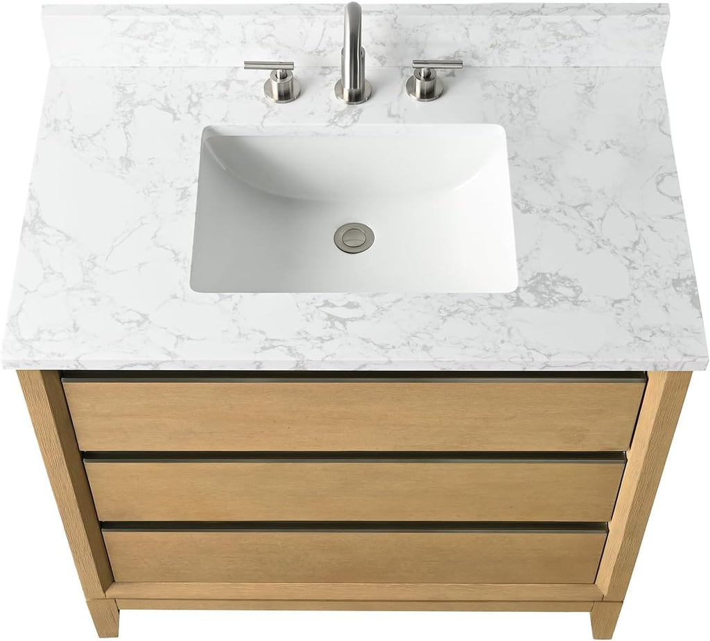 HOMEBEYOND 36 Inch Bathroom Vanity with Sink & Ceramic Top, Vanity Cabinet with Solid Wood Frame, Soft-Closing Doors, Drawers, Natural Oak
