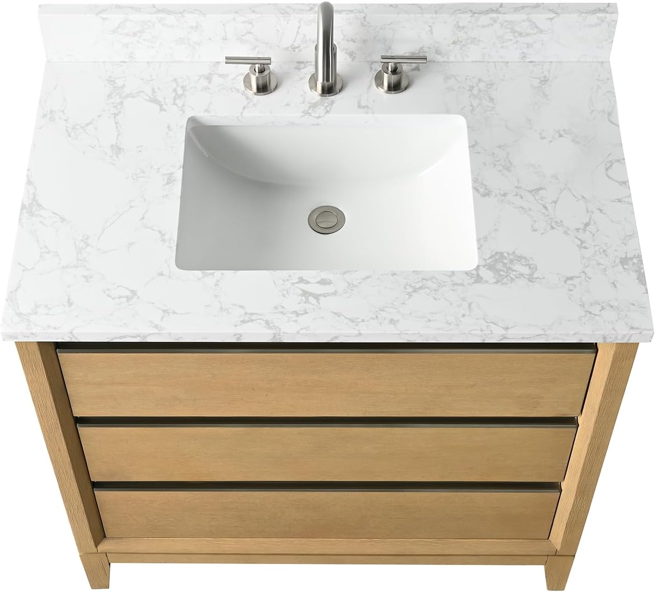 HOMEBEYOND 36 Inch Bathroom Vanity with Sink & Ceramic Top, Vanity Cabinet with Solid Wood Frame, Soft-Closing Doors, Drawers, Natural Oak