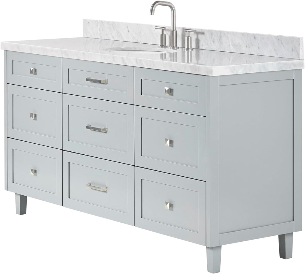 ARIEL Monroe 66-inch Bathroom Vanity with Sink,Solid Wood, 1.5-inch Italian Carrara Marble Countertop, Single Oval Porcelain Sink, Dovetail Drawers, Grey