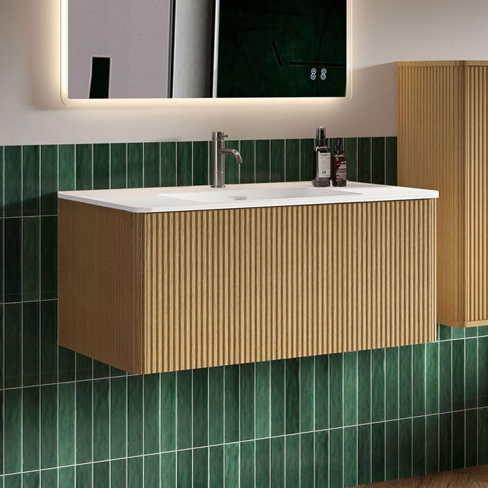 36' Bathroom Vanity with Sink, Modern Floating Vanity with Push Open Soft Close Drawer, Large Storage for Bathroom, Apartment, Hotel, Natural Oak, Fully Assembled - Camellia Collection