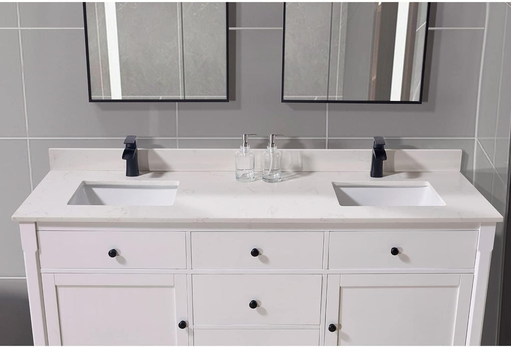 Pemberly Row Modern 73' Composite Stone Double Vanity Top, White Finish, Fits 72' W x 21' D Vanity Cabinet, Includes 2 Undermount Ceramic Basins, Pre-Drilled Faucet Holes, Matching 4' Backsplash