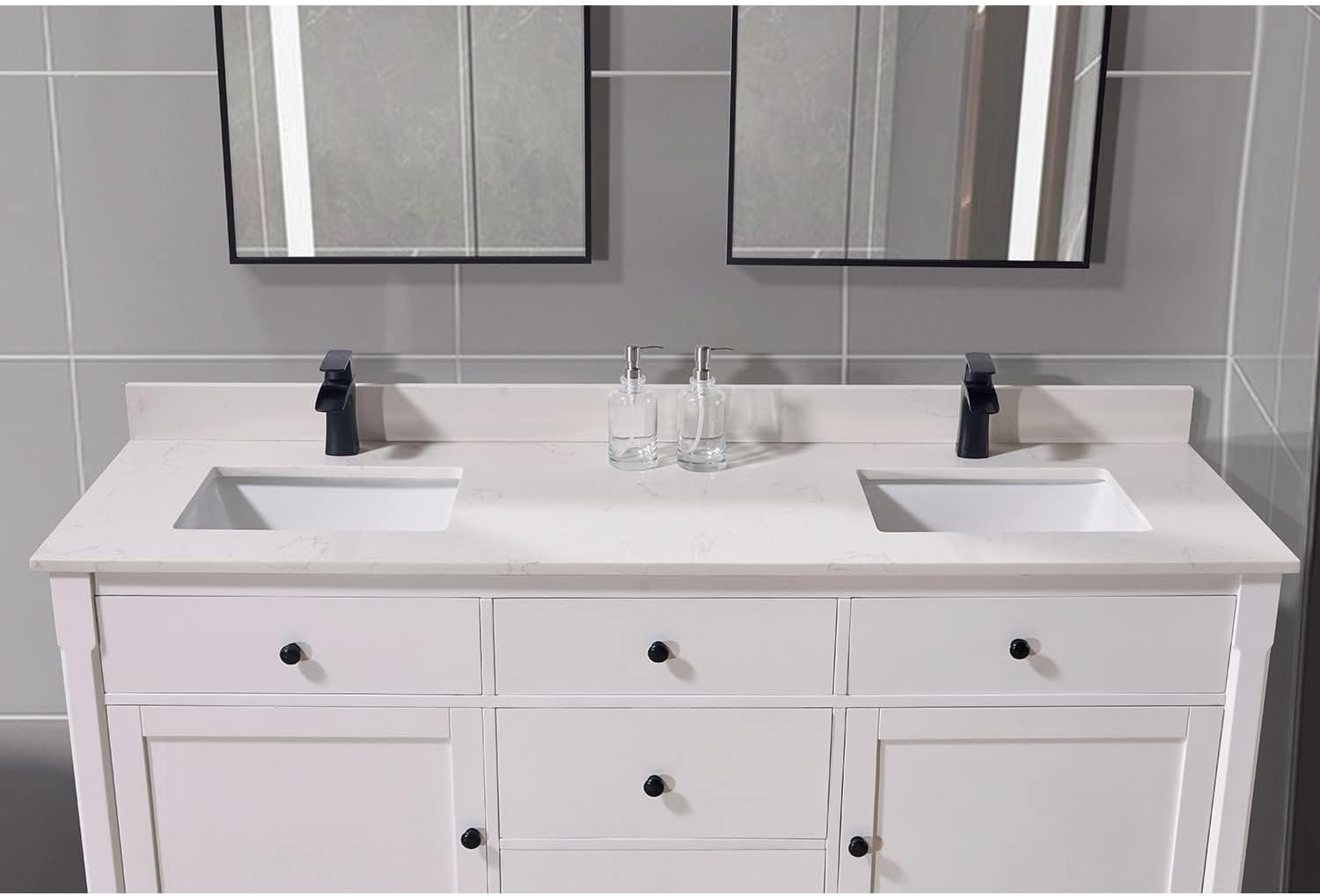 Pemberly Row Modern 73' Composite Stone Double Vanity Top, White Finish, Fits 72' W x 21' D Vanity Cabinet, Includes 2 Undermount Ceramic Basins, Pre-Drilled Faucet Holes, Matching 4' Backsplash