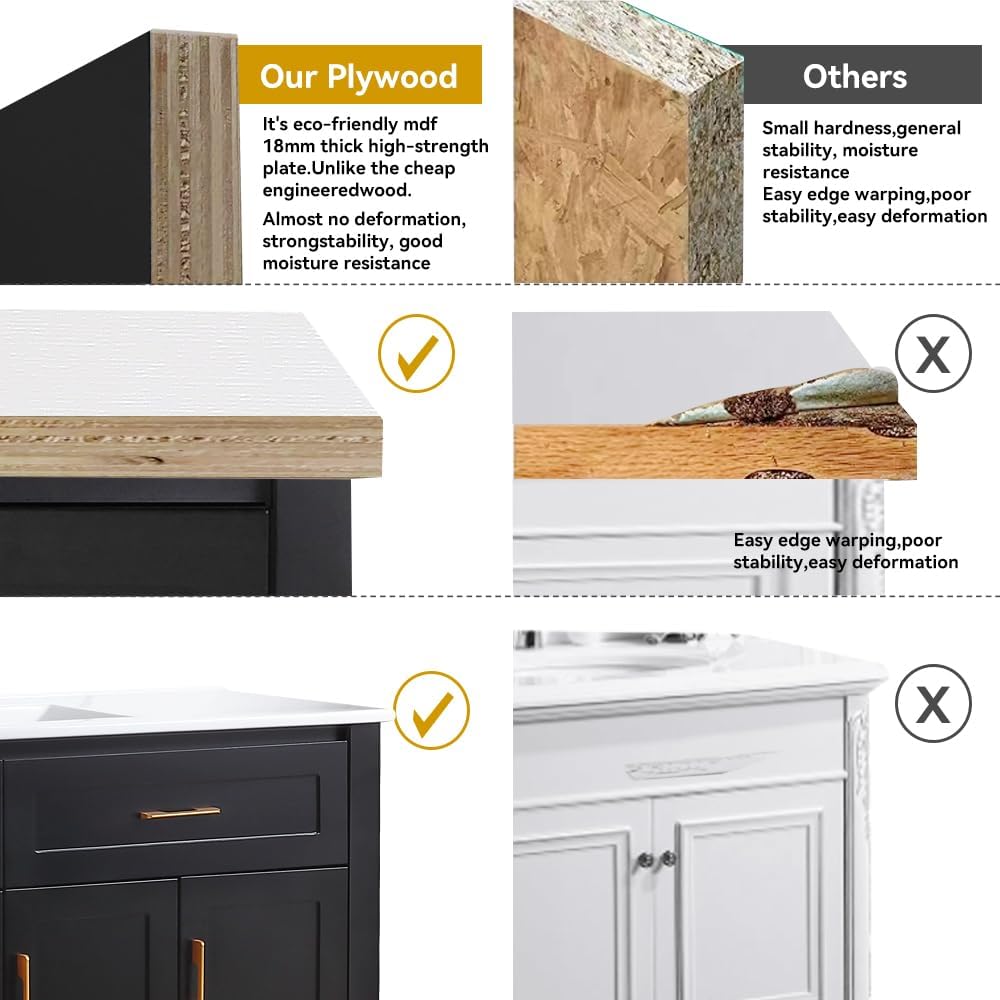 48' Bathroom Vanity with Sink, Modern Freestanding Single Sink Vanity Cabinet with Gold Handles, 2 Drawers & 4 Soft-Close Doors, Solid Wood Frame Bathroom Storage Cabinet with Ceramic Top, Black