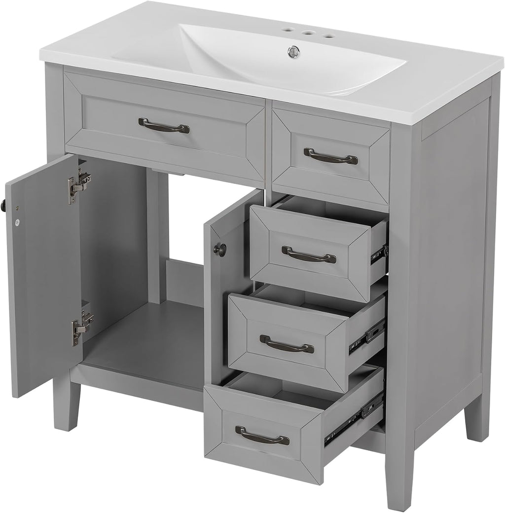 LUMISOL 36 Inch Bathroom Vanity with Ceramic Sink, Solid Wood Bathroom Storage Cabinet with 3 Drawers & 2 Doors, Freestanding Vanity, Grey