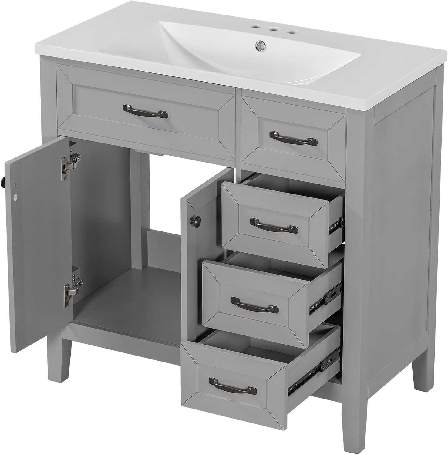 LUMISOL 36 Inch Bathroom Vanity with Ceramic Sink, Solid Wood Bathroom Storage Cabinet with 3 Drawers & 2 Doors, Freestanding Vanity, Grey