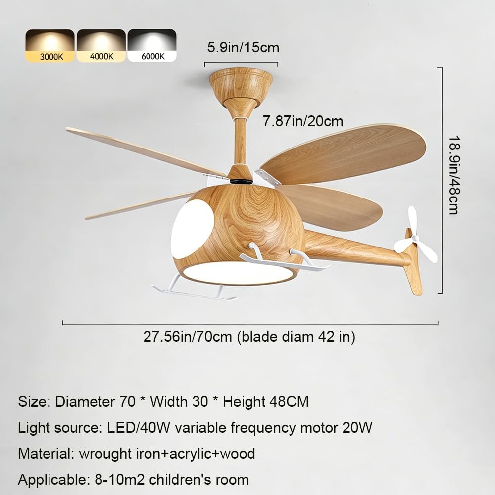 Children's Bedroom Ceiling Fan With Lights,Dimmable Kids Room Cartoon Ceiling Fan Lamp,Helicopter Model Wood Grain Airplane Pendant Light Decoration Fixtures,Remote Control Speed,Hydrographic Printing