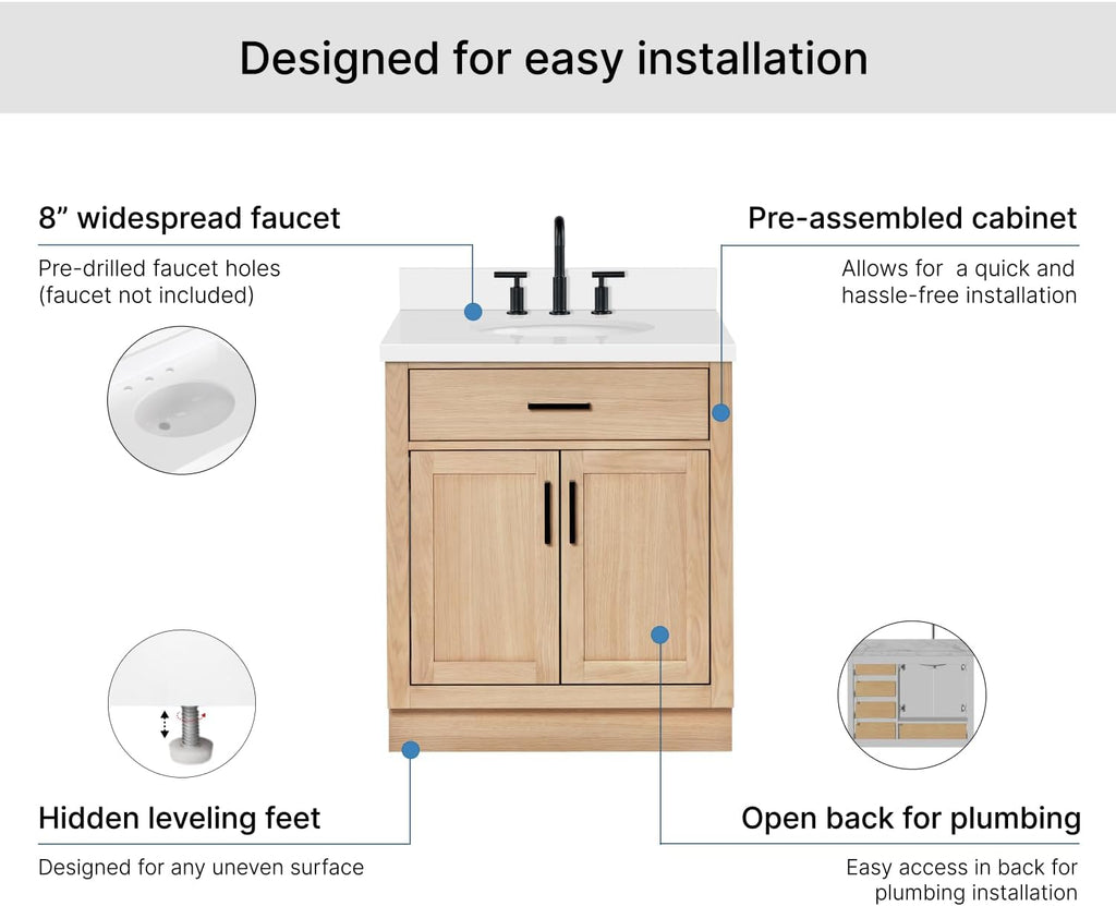 ARIEL Hepburn 30-inch Bathroom Vanity with Sink,Solid Wood, 1.5-inch Pure White Quartz Countertop & Backsplash, Single Oval Porcelain Sink, 2 Soft Closing Doors, 1 Dovetail Drawers, White Oak