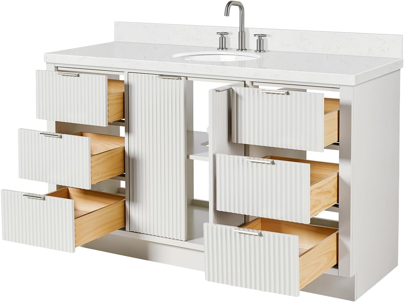 ARIEL Milan 60-inch Bathroom Vanity with Sink,Solid Wood, 1.5-inch Carrara White Quartz Countertop & Backsplash, Single Oval Porcelain Sink, 2 Soft Closing Doors, 6 Dovetail Drawers, Warm White