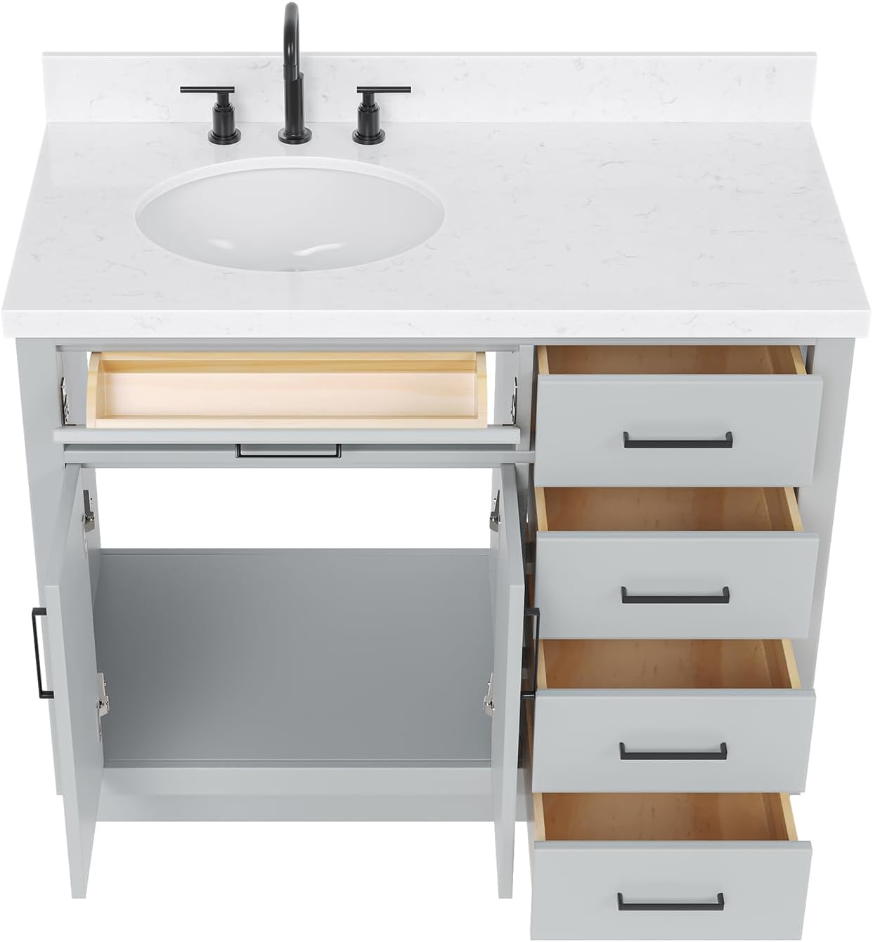 DKB Isabella 42-Inch Gray Bathroom Vanity with Sink, 1.5-Inch Carrara Quartz Countertop, Left Oval Undermount Sink, Solid Wood, 2 Soft-Closing Doors, 5 Full Extension Dovetail Drawers, Toe Kick