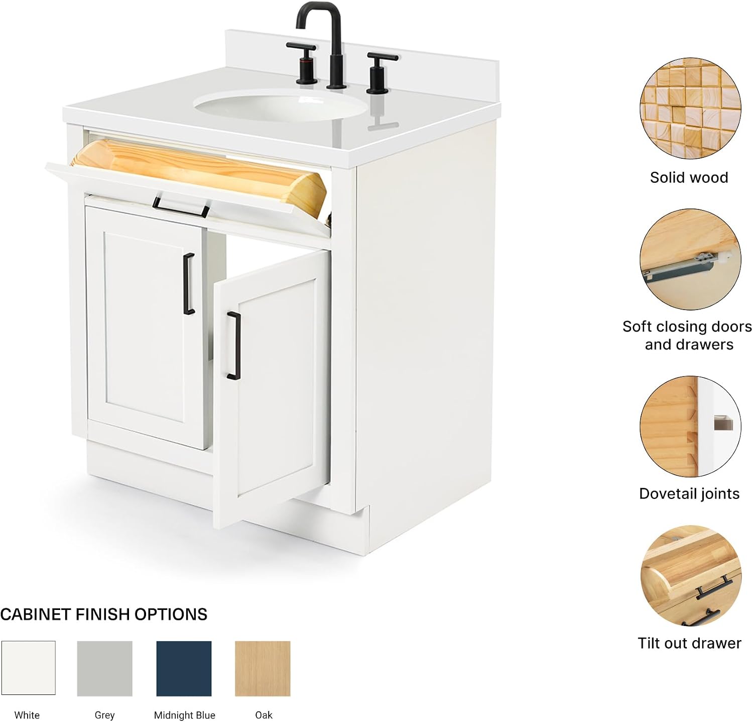 ARIEL Hepburn 30-inch Bathroom Vanity with Sink,Solid Wood, 1.5-inch Pure White Quartz Countertop & Backsplash, Single Oval Porcelain Sink, 2 Soft Closing Doors, 1 Dovetail Drawers, White