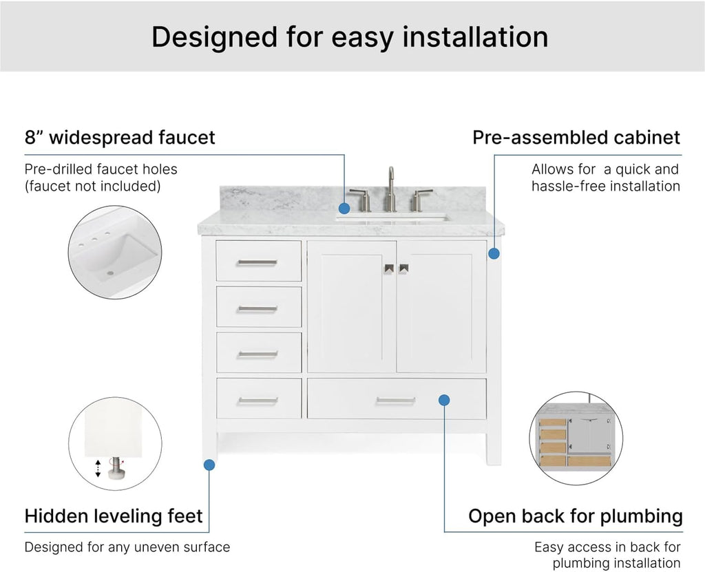 ARIEL Cambridge 42-inch Bathroom Vanity with Sink,Solid Wood, 1.5-inch Italian Carrara Marble Countertop, Single Rectangular Porcelain Sink, 2 Soft Closing Doors, 5 Dovetail Drawers, White