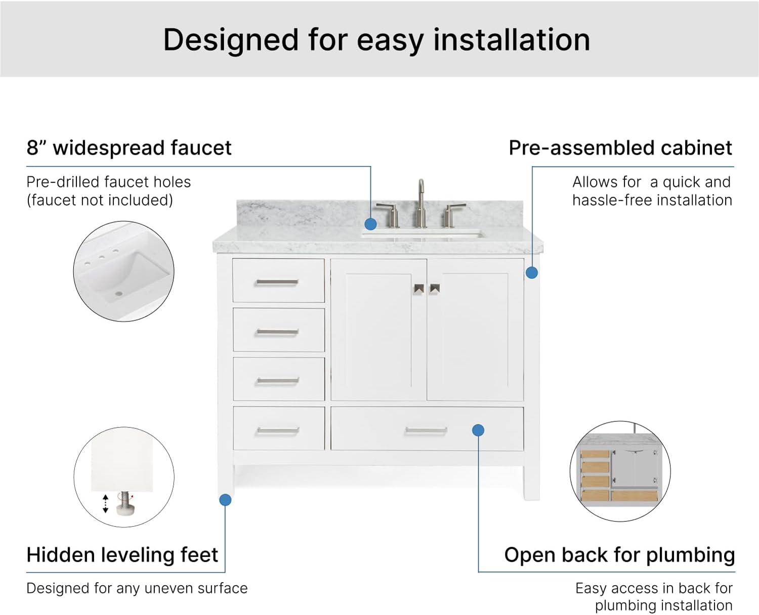 ARIEL Cambridge 42-inch Bathroom Vanity with Sink,Solid Wood, 1.5-inch Italian Carrara Marble Countertop, Single Rectangular Porcelain Sink, 2 Soft Closing Doors, 5 Dovetail Drawers, White