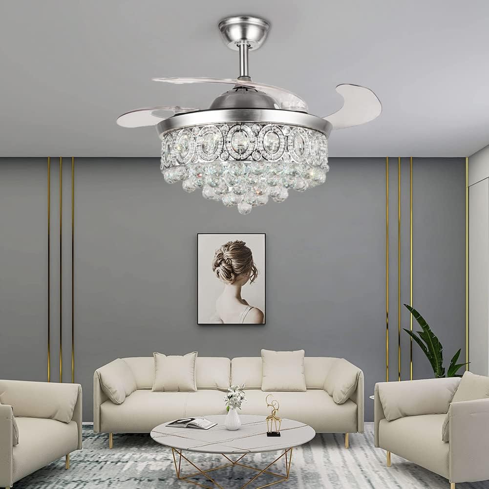 BIGBANBAN 42' Crystal Ceiling Fan Indoor with Light Remote Control Modern Silver Retractable Ceiling Fan Chandelier 3 Colors 3 Speeds Silent Fandelier Chandelier for Dinning Room Bedroom