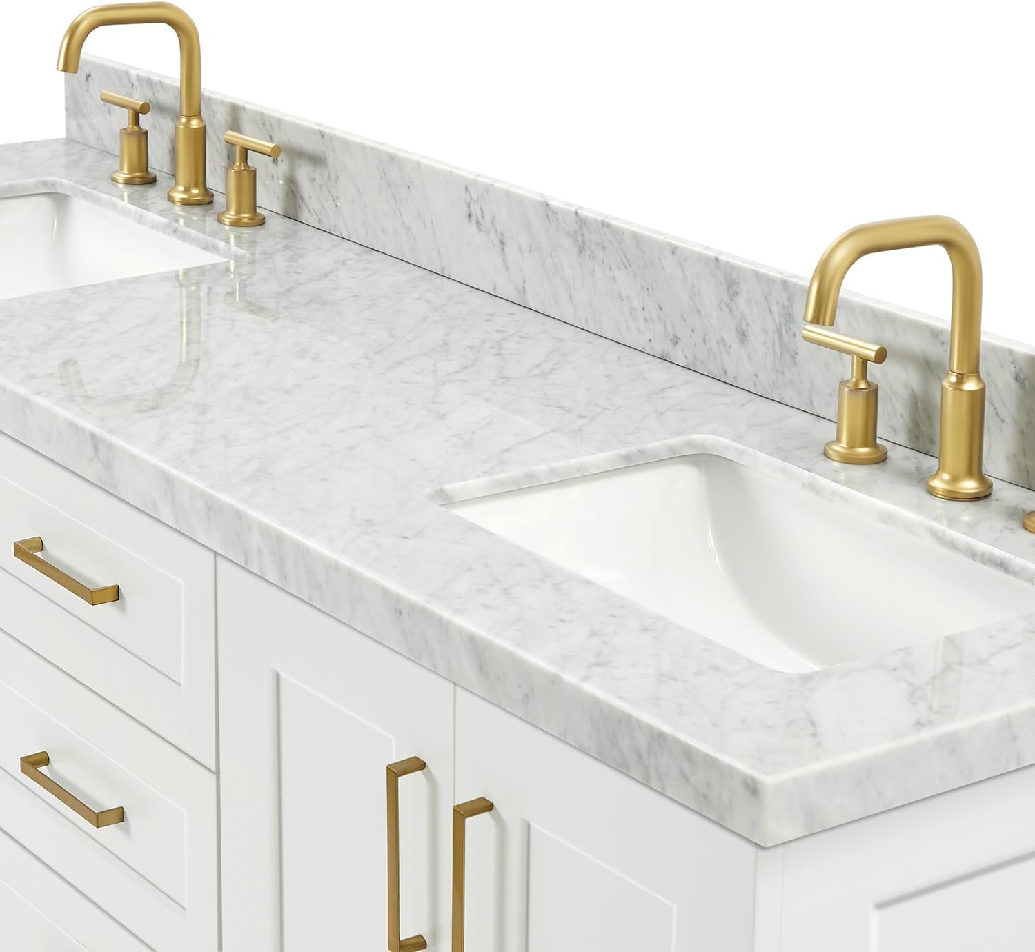 ARIEL Taylor 66-inch Bathroom Vanity with Sink,Solid Wood, 1.5-inch Italian Carrara Marble Countertop, Double Rectangular Porcelain Sink, 4 Soft Closing Doors, 5 Dovetail Drawers, White