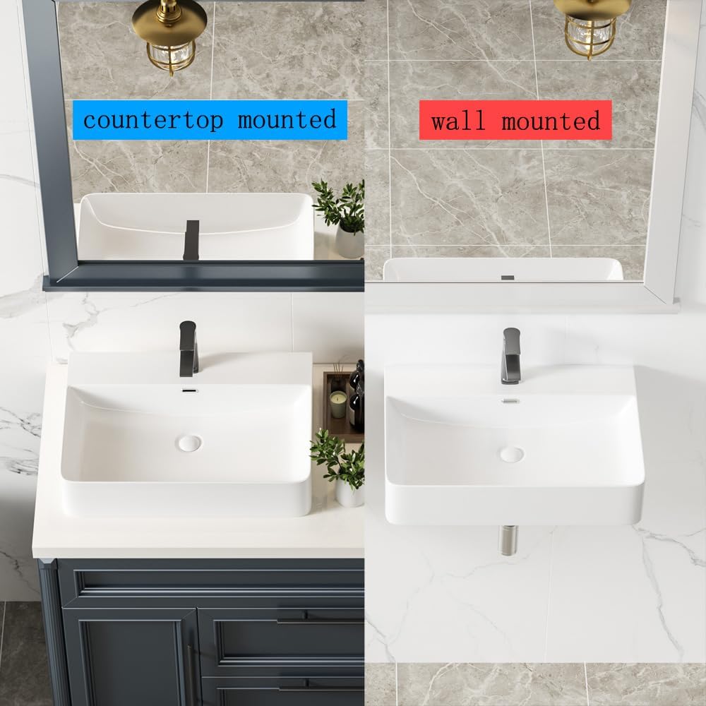 KINGWONG 24' Ceramic Vessel Sink | White Rectangular Bathroom Sink Above Counter or Wall Mounted | Large Porcelain Vanity Basin with Overflow Easy Clean Glossy Finish for Master Bath RV Farmhouse