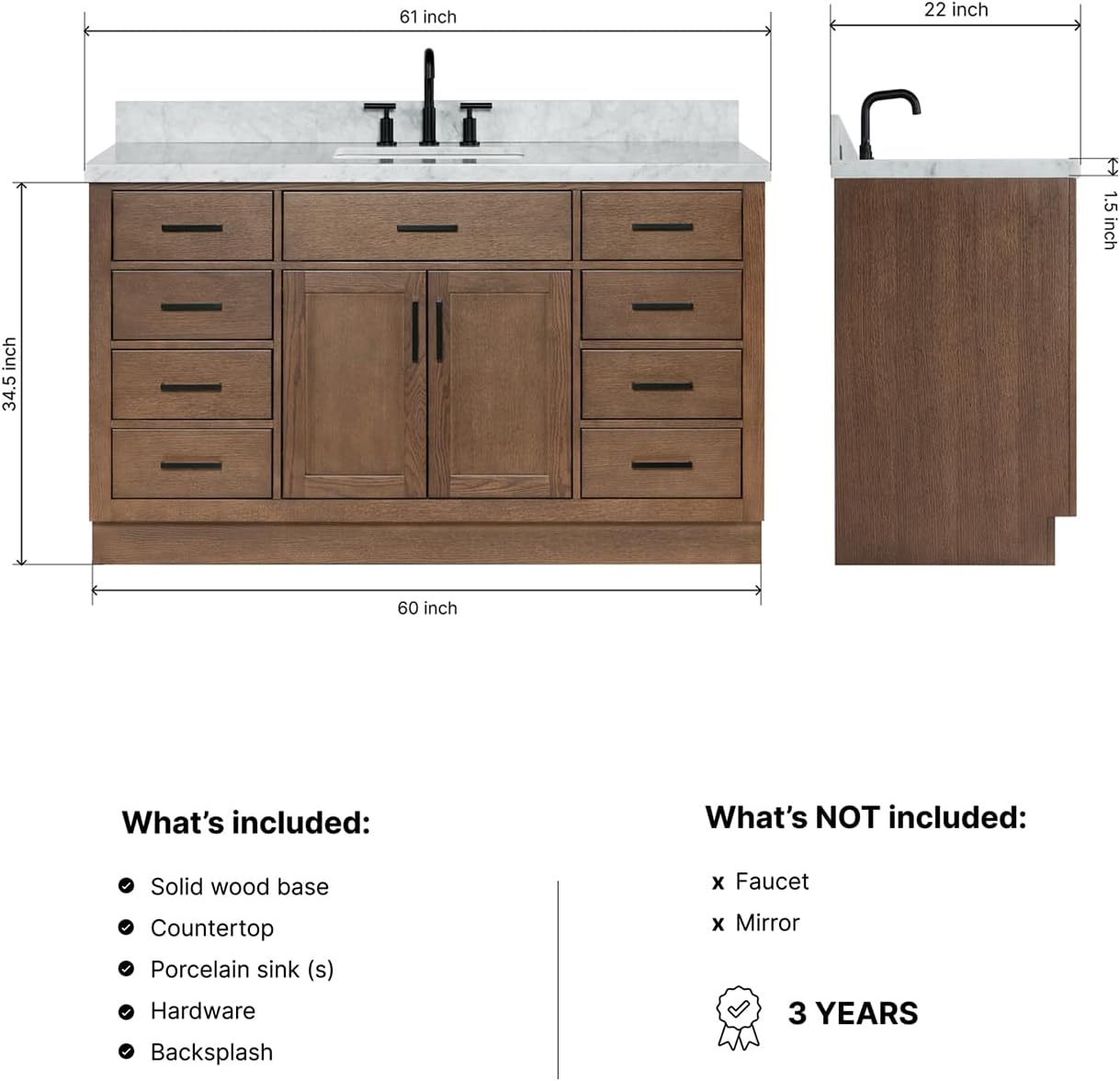 ARIEL Hepburn 60-inch Bathroom Vanity with Sink,Solid Wood, 1.5-inch Italian Carrara Marble Countertop, Single Rectangular Porcelain Sink, 2 Soft Closing Doors, 9 Dovetail Drawers, Brown Oak