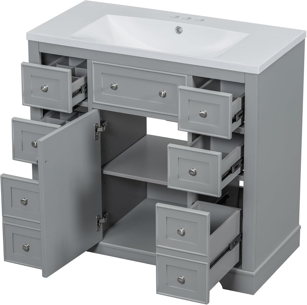 LUMISOL 36' Bathroom Vanity with Sink, Single Bathroom Vanity with 6 Drawers & Soft Closing Doors, Modern Bathroom Cabinet with Ceramic Basin Sink, Solid Wood Frame, Grey
