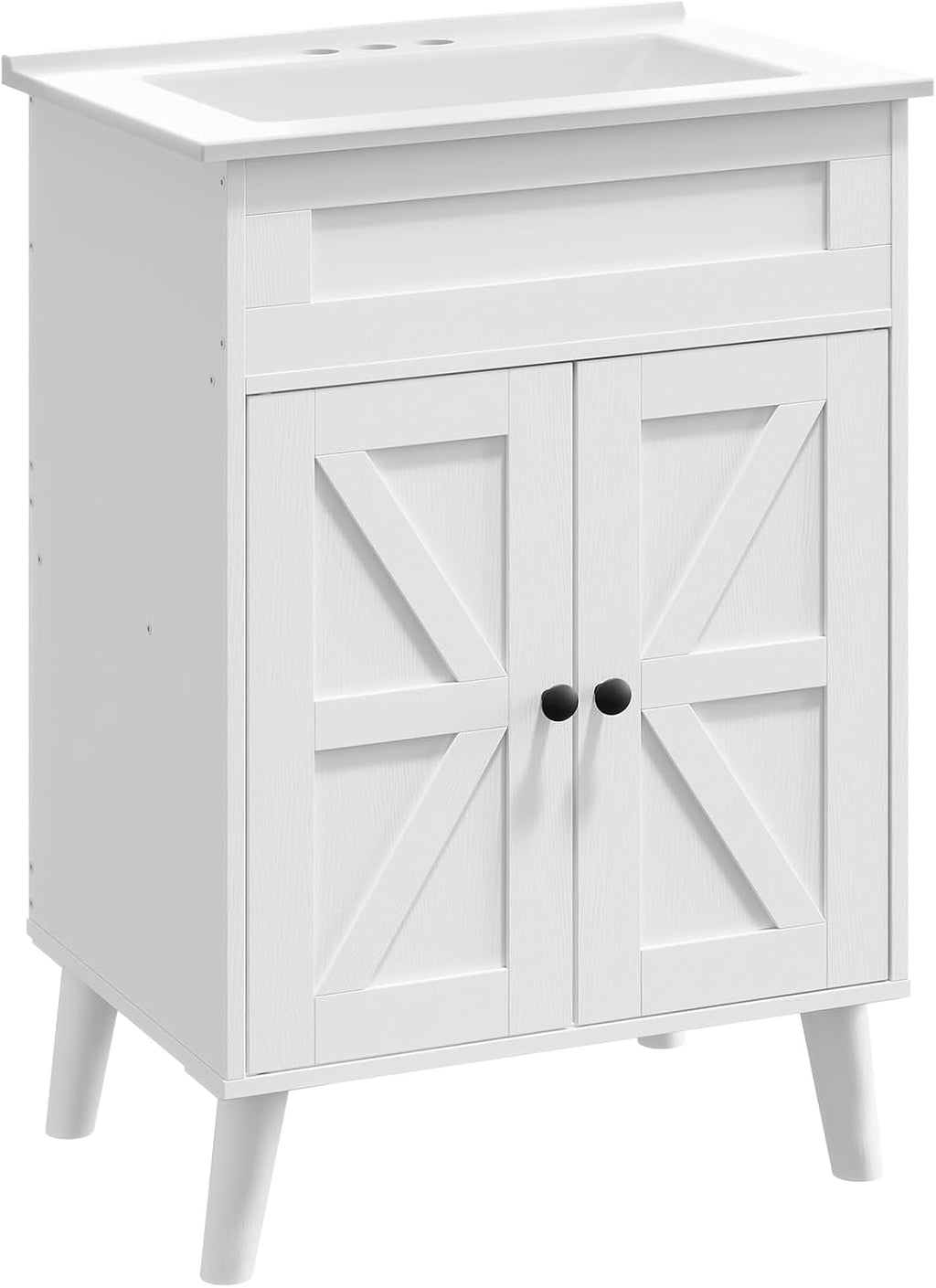 HOOBRO 24.2' Modern Bathroom Vanity with Sink, Farmhouse Bathroom Sink Cabinet with Ceramic Basin, Door Storage, 2 Doors & High-Leg Design, Easy Assembly, Drain Kit Not Included, White