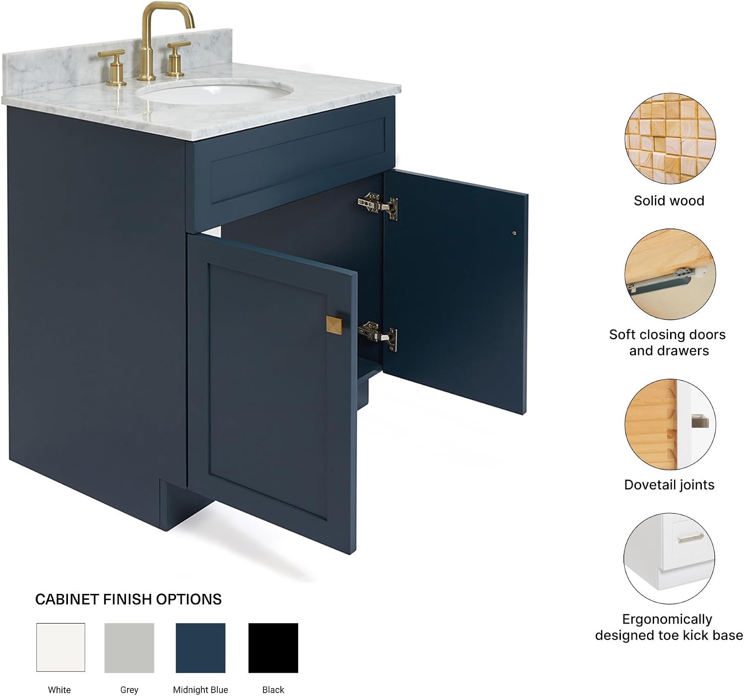 ARIEL Hamlet 30-inch Bathroom Vanity with Sink,Solid Wood, 0.75-inch Italian Carrara Marble Countertop & Backsplash, Single Oval Porcelain Sink, 2 Soft Closing Doors, Midnight Blue