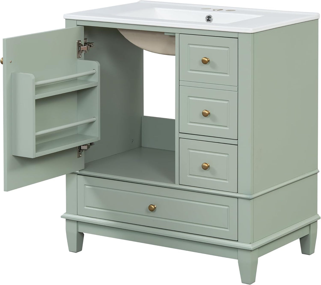 Christopher Knight Home 30' Bathroom Vanity with Top, Ceramic Sink, 3 Drawers and 1 Soft Closing Door with Shelf, Solid Wood Legs, Green