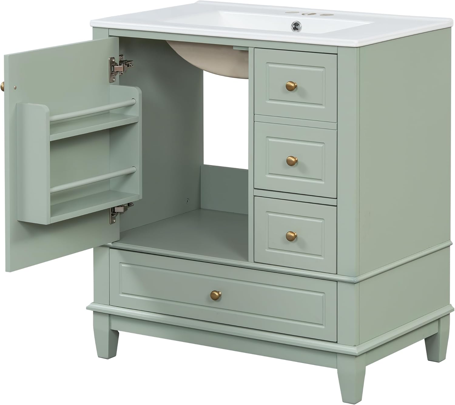 Christopher Knight Home 30' Bathroom Vanity with Top, Ceramic Sink, 3 Drawers and 1 Soft Closing Door with Shelf, Solid Wood Legs, Green