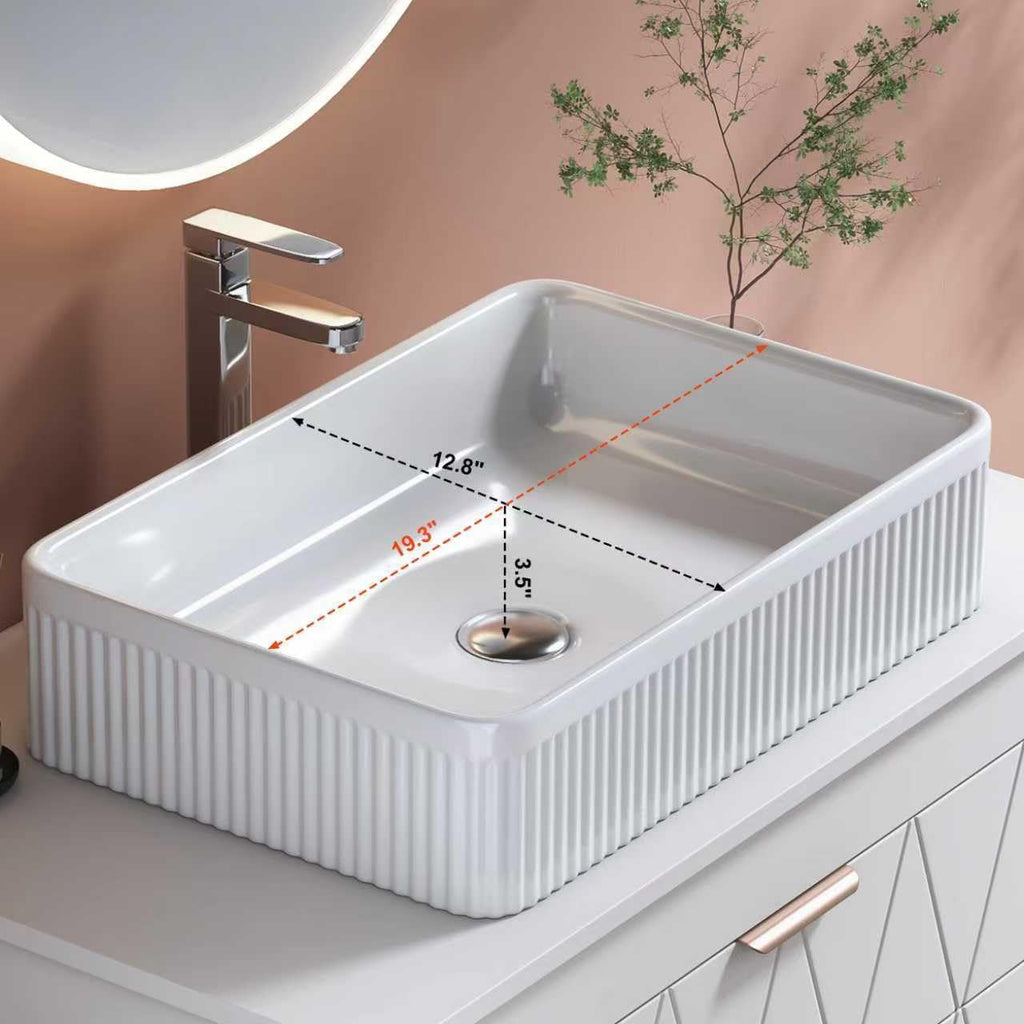 32' Floating Bathroom Vanity with Single Sink, Modern Stripe Wall Mounted Bathroom Vanities with Above Ceramic Basin, Wood Bathroom Vanity Storage Cabinet with 2 Drawers, White