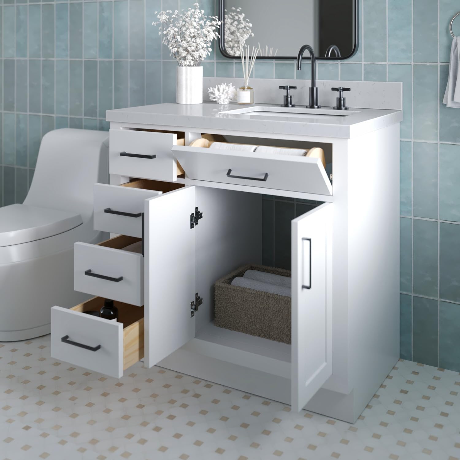 ARIEL Hepburn 36-inch Bathroom Vanity with Sink,Solid Wood, 1.5-inch Carrara White Quartz Countertop & Backsplash, Single Rectangular Porcelain Sink, 2 Soft Closing Doors, 5 Dovetail Drawers, White